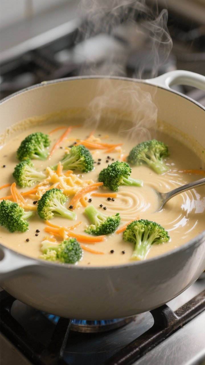 Cooking process close-up: A large pot on the stove with the broccoli cheddar soup mid-simmer after t