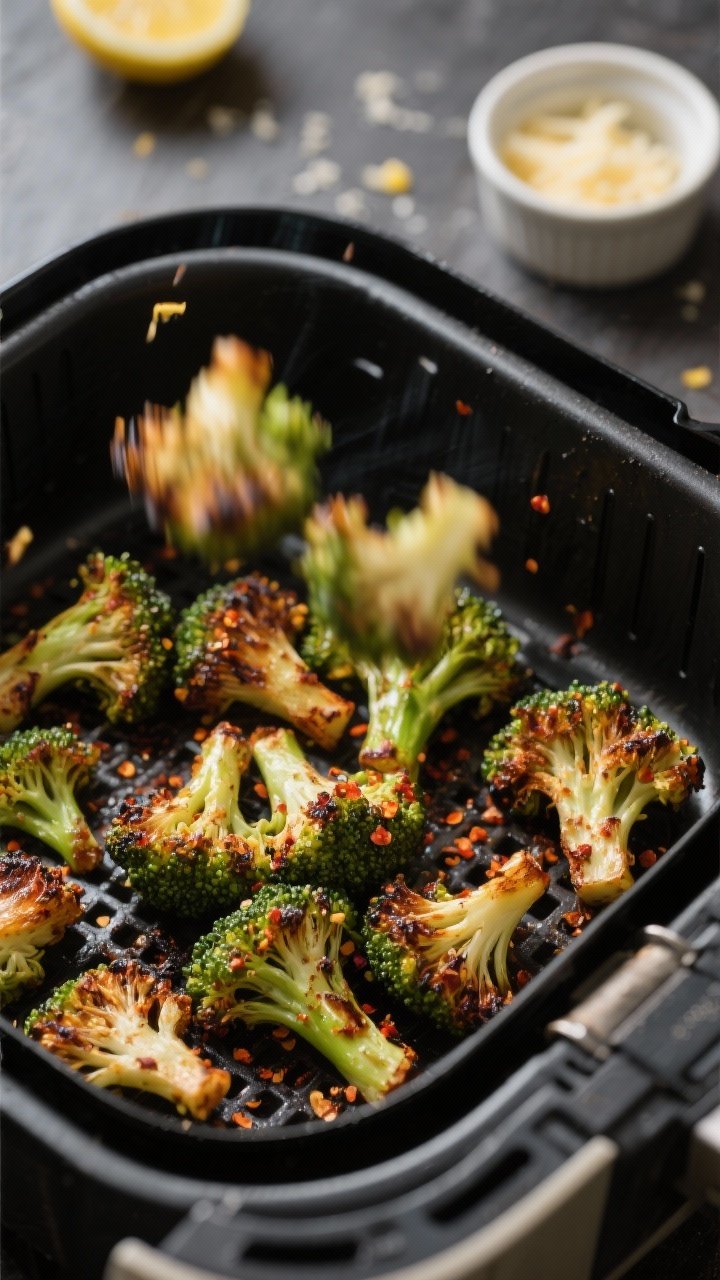 Cooking process close-up: Air-fried broccoli florets sizzling in a preheated air fryer basket at 390