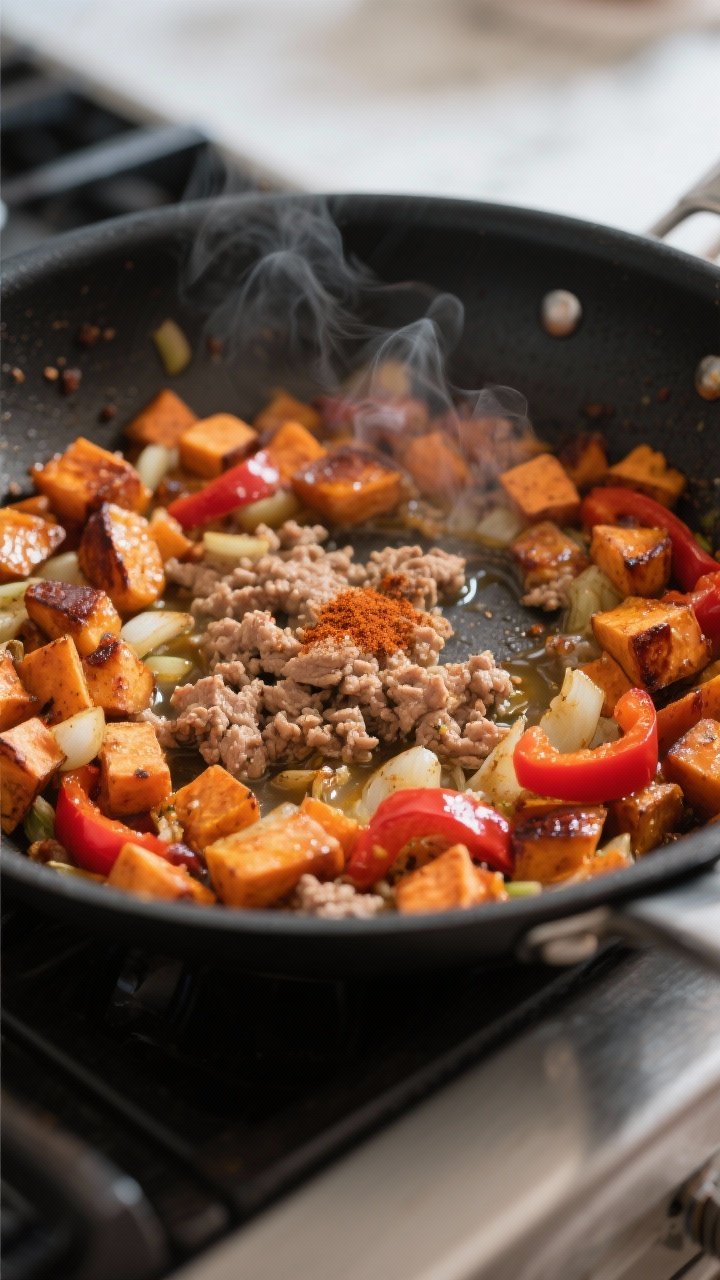 Cooking process, close-up: Caramelized sweet potato and bell pepper hash in a large black skillet, e