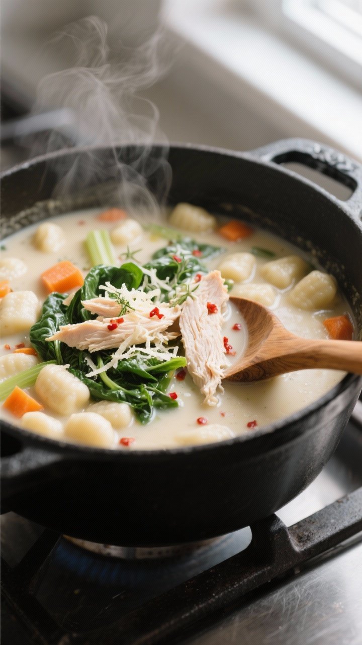 Cooking process, close-up: Close-up of creamy gnocchi soup simmering in a matte black Dutch oven, sh