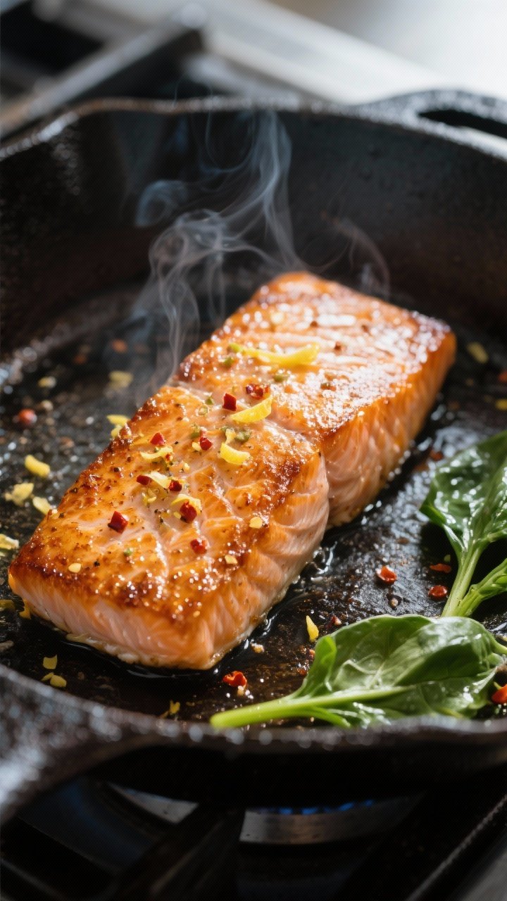 Cooking process close-up: Crisp-skin salmon searing skin-side down in a preheated cast-iron skillet,