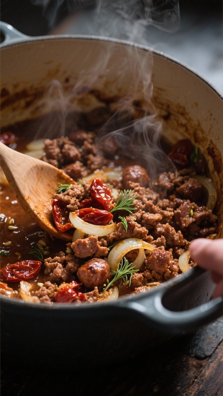 Cooking process close-up: Crispy browned Italian sausage crumbles sizzling in a Dutch oven with tran