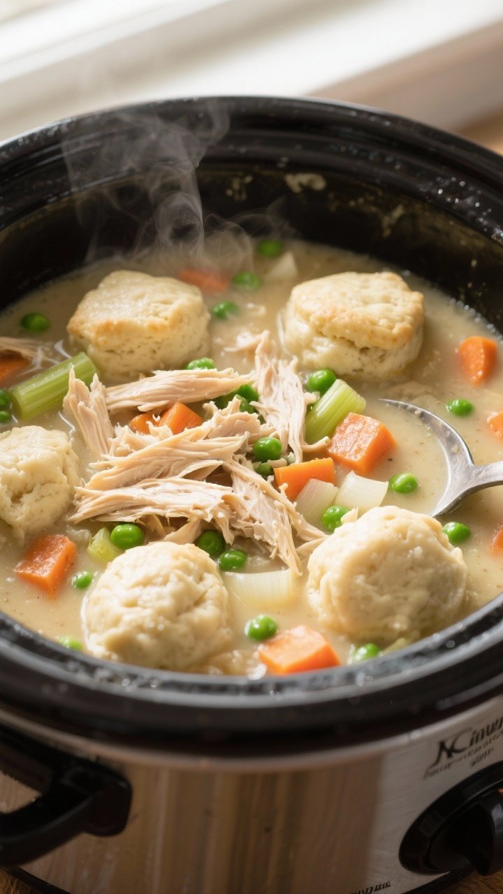 Cooking process close-up: Crockpot chicken and dumplings mid-simmer after shredding, showing silky s