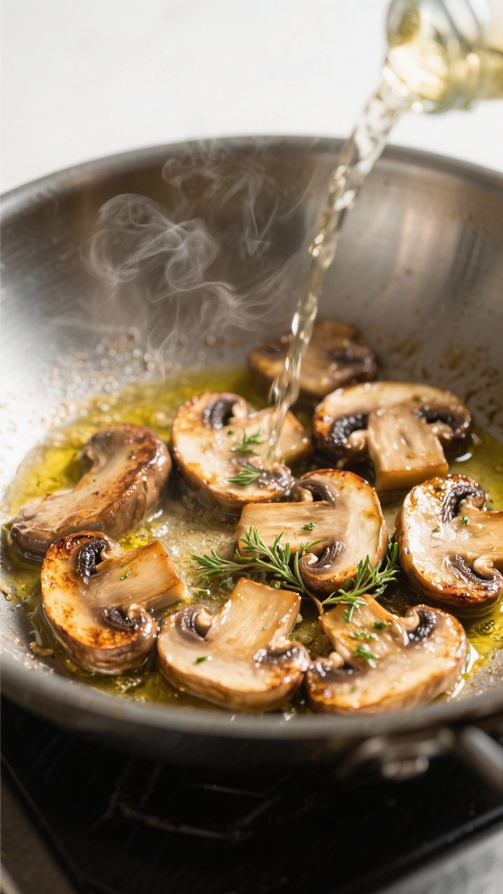 Cooking process, close-up detail: A wide stainless skillet over medium-high heat with thick-sliced c