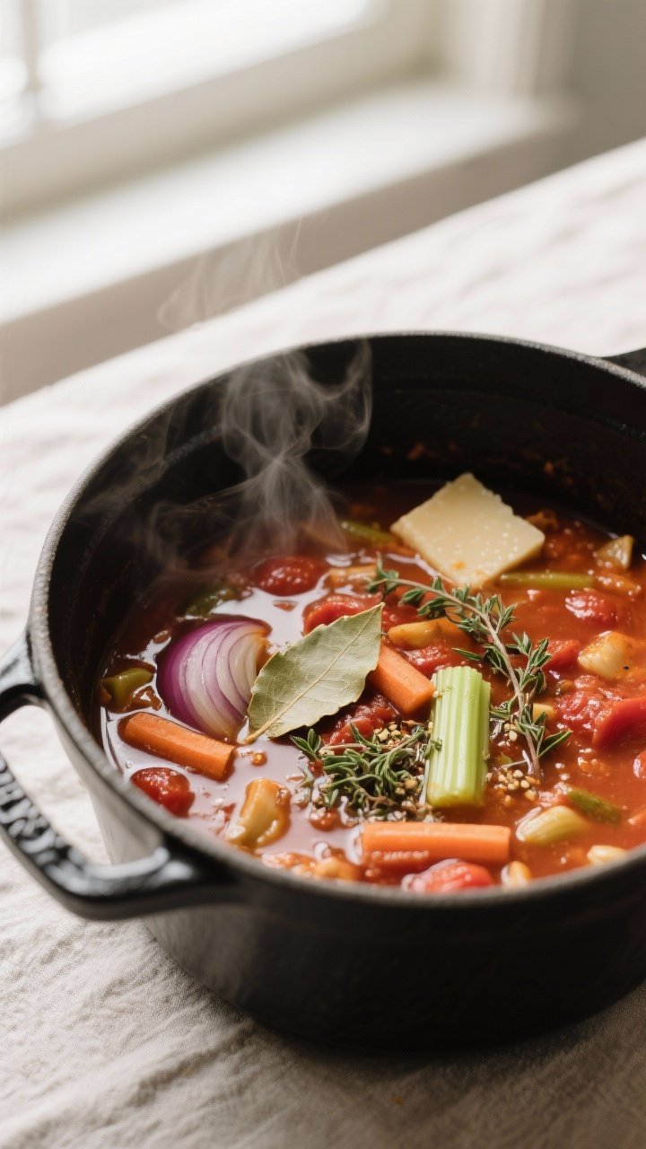 Cooking process, close-up detail: Close-up of minestrone base in a Dutch oven as tomato paste is toa