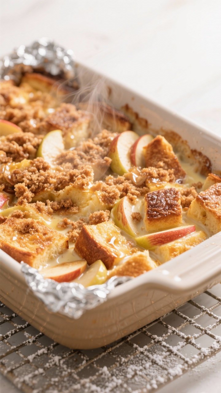 Cooking process, close-up detail: Close-up of the Apple Cinnamon French Toast Bake just out of the o