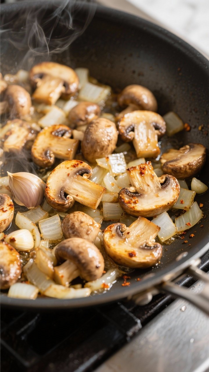 Cooking process, close-up detail: Golden-browned cremini mushrooms and translucent diced onion sizzl
