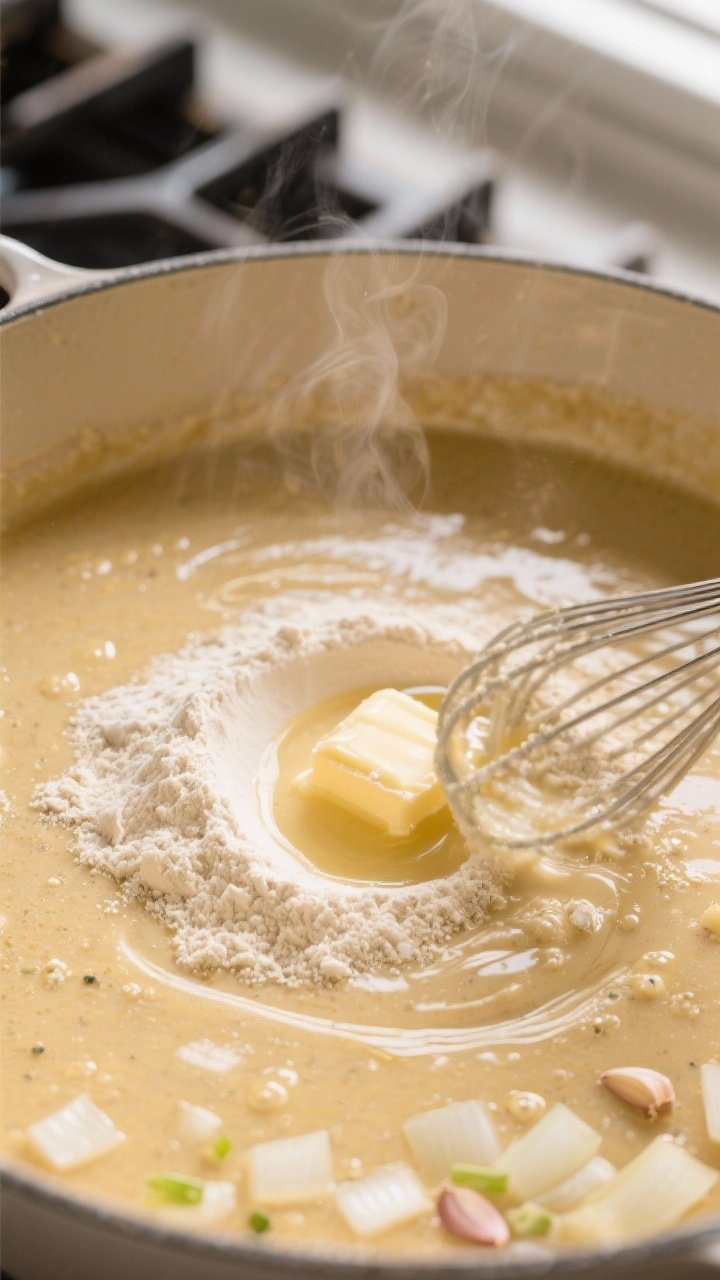 Cooking process, close-up detail: Golden roux in a Dutch oven just after flour is stirred into melte