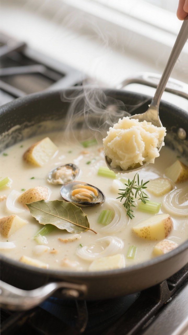 Cooking process, close-up detail: In a heavy pot on the stove, a creamy chowder base gently simmers 