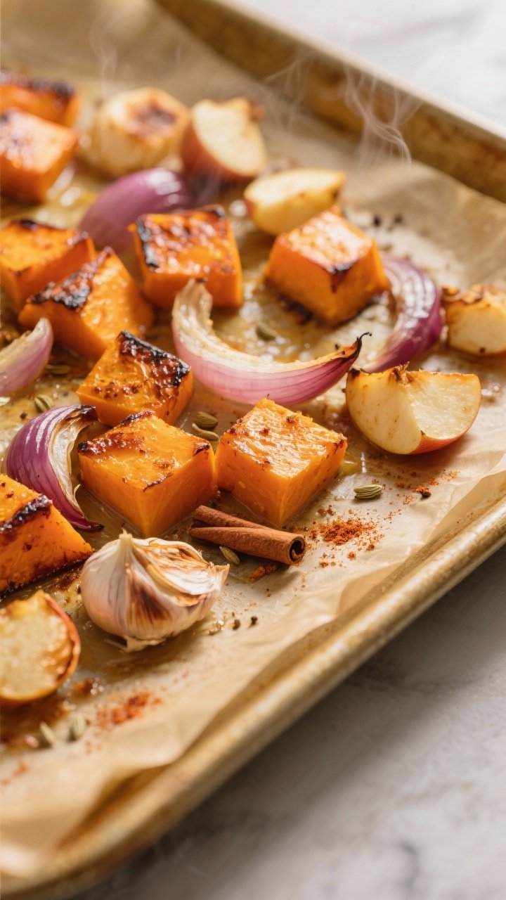 Cooking process, close-up detail: Roasted butternut squash soup base just out of the oven, close-up 