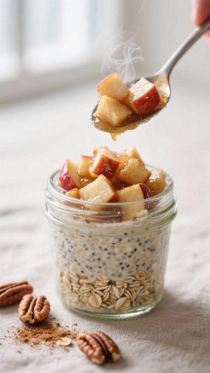 Cooking process, close-up detail: Warm apple compote being spooned over a chilled jar of Apple Pie O