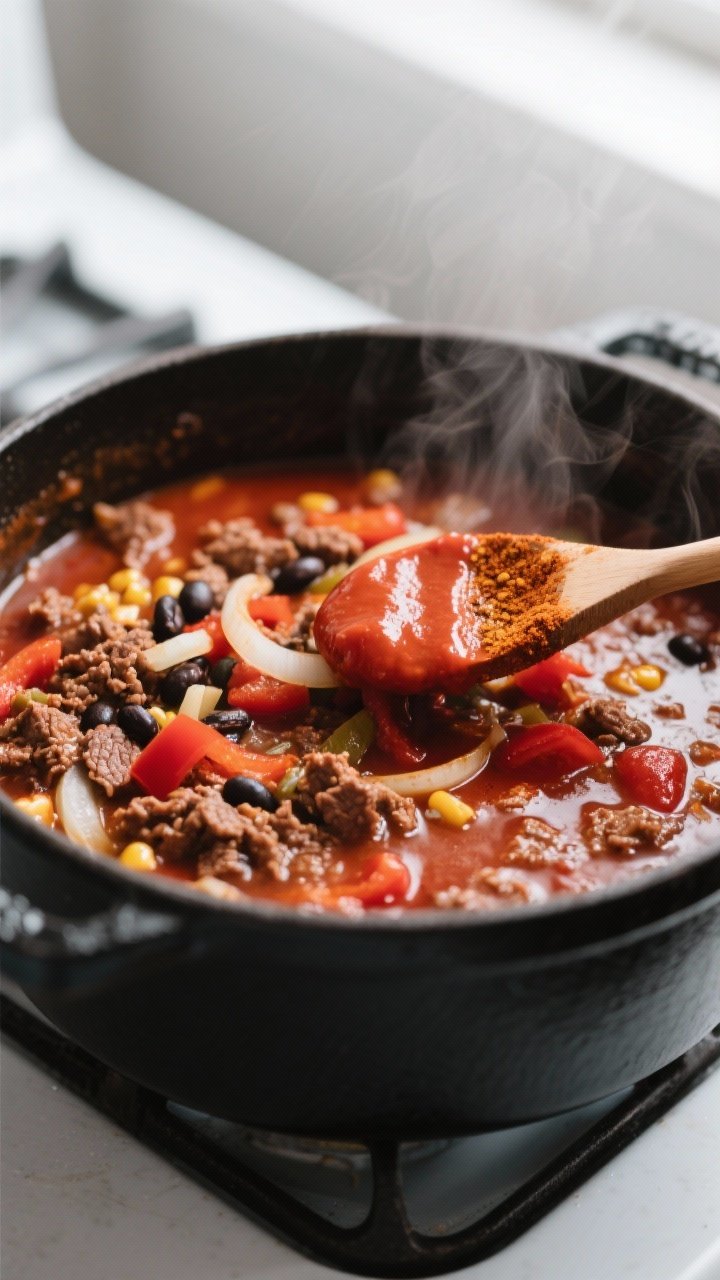 Cooking process close-up: Dutch oven of simmering beef enchilada soup base with browned beef crumble
