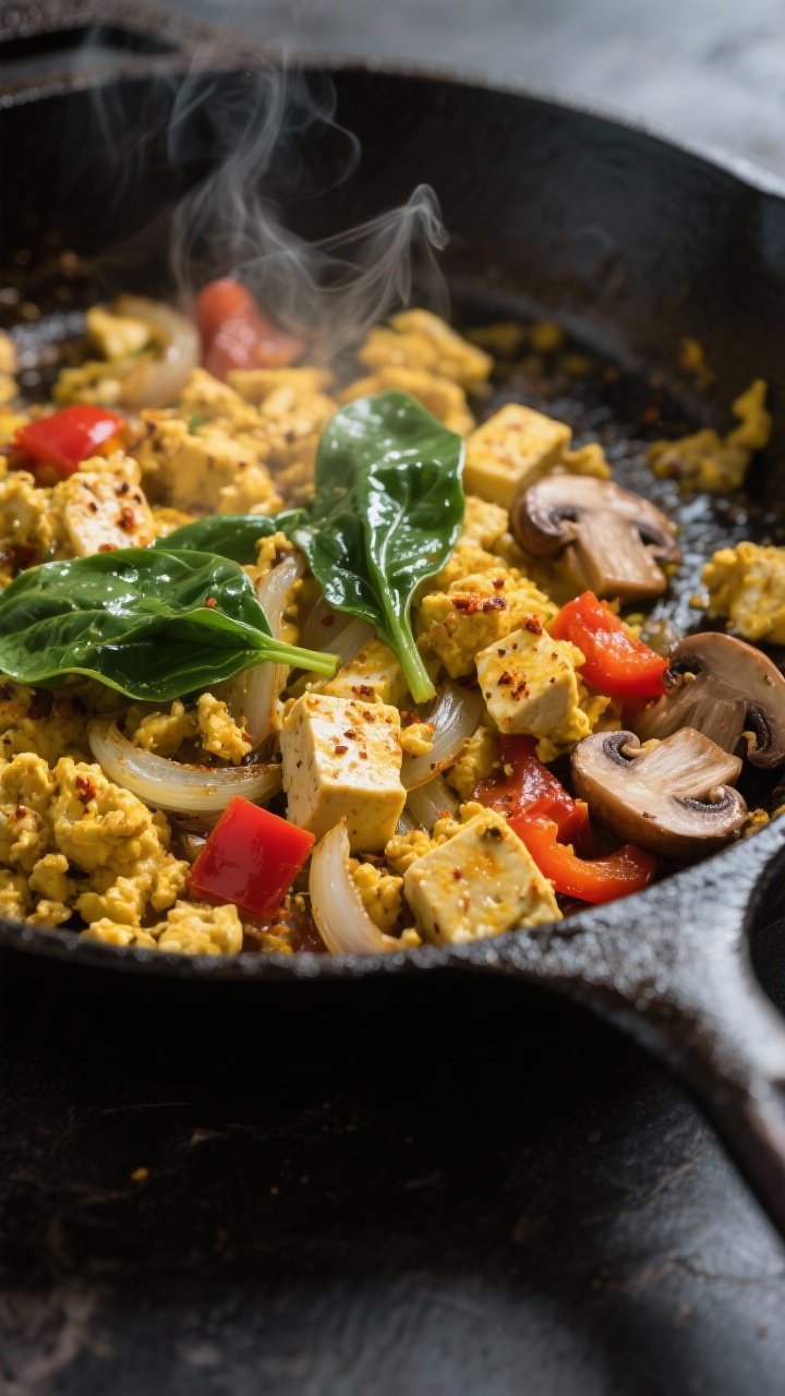 Cooking process close-up: Firm tofu scramble searing in a cast-iron skillet, golden-edged crumbles c
