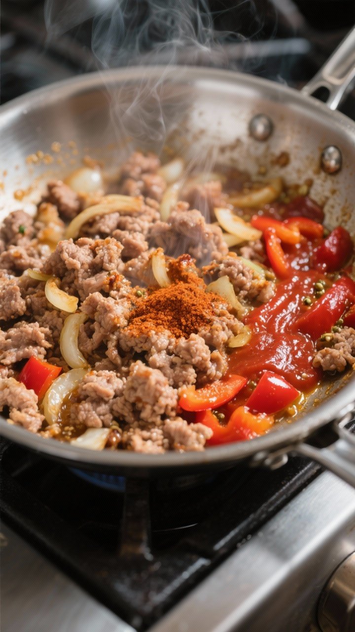 Cooking process close-up: Ground turkey browning in a wide stainless-steel skillet, deeply seared cr