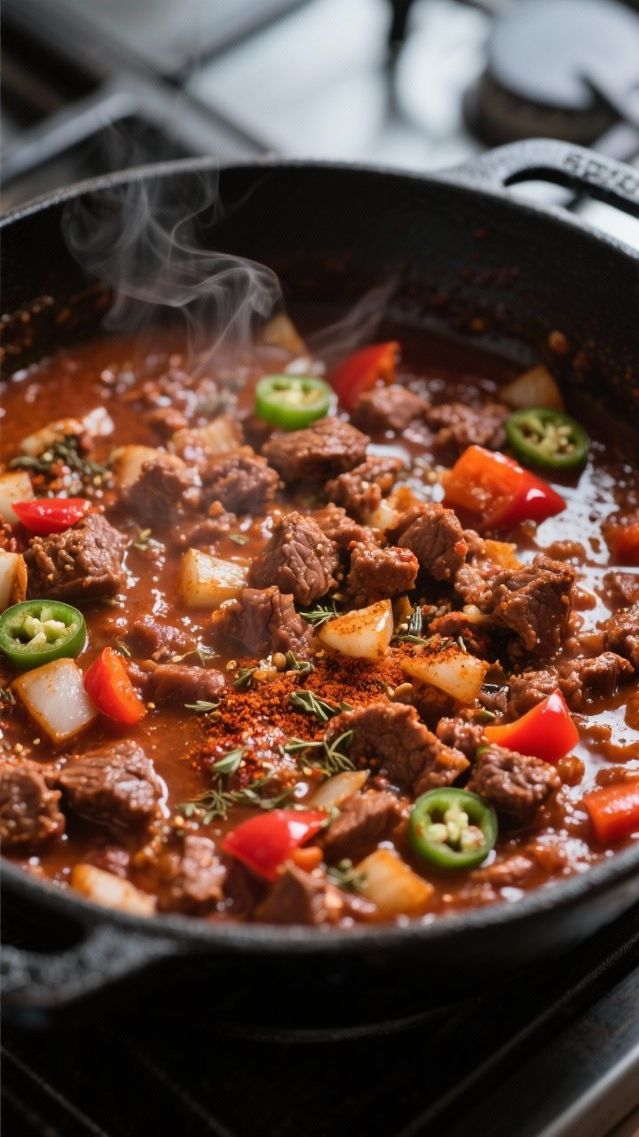 Cooking process – Close-up of chili in a matte black Dutch oven during the “spice bloom” stage