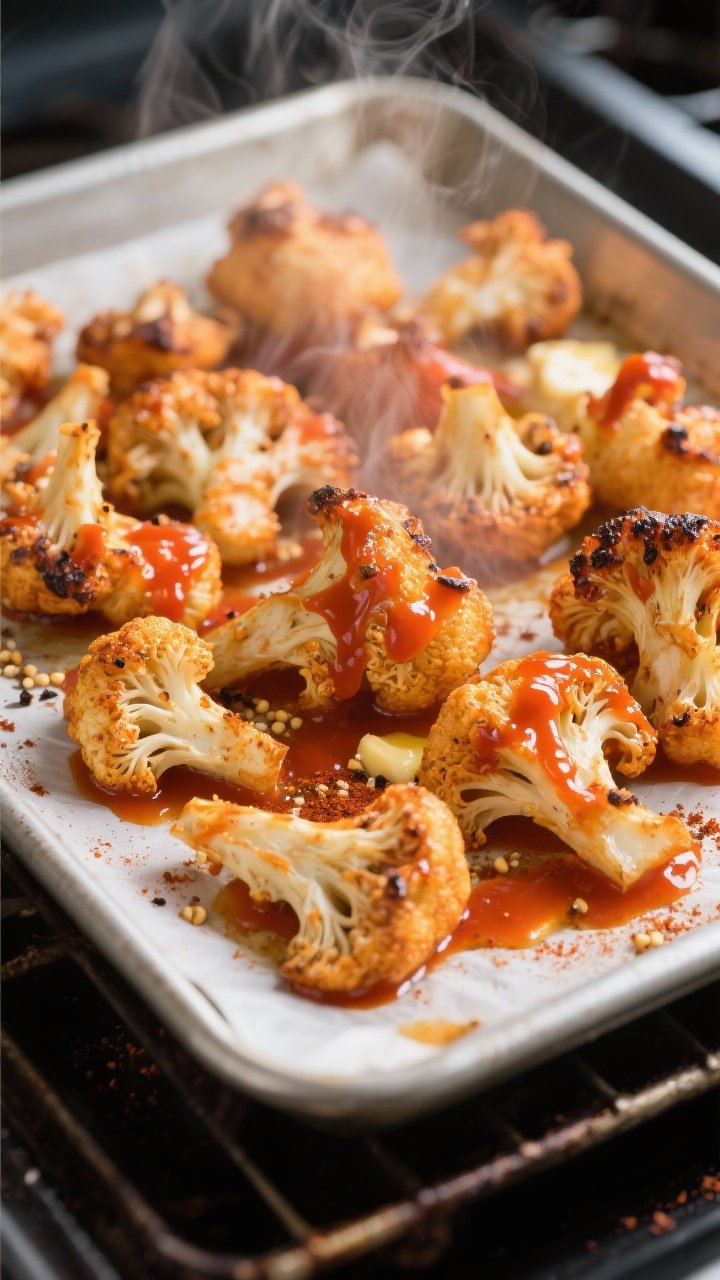 Cooking process close-up: Roasted buffalo cauliflower florets just after glazing, returning to a hot