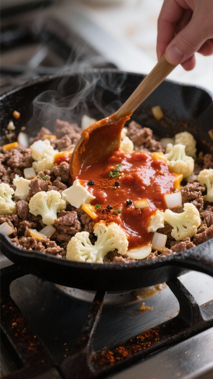 Cooking process close-up: Sautéed ground beef with diced onions and minced garlic in a black cast-i