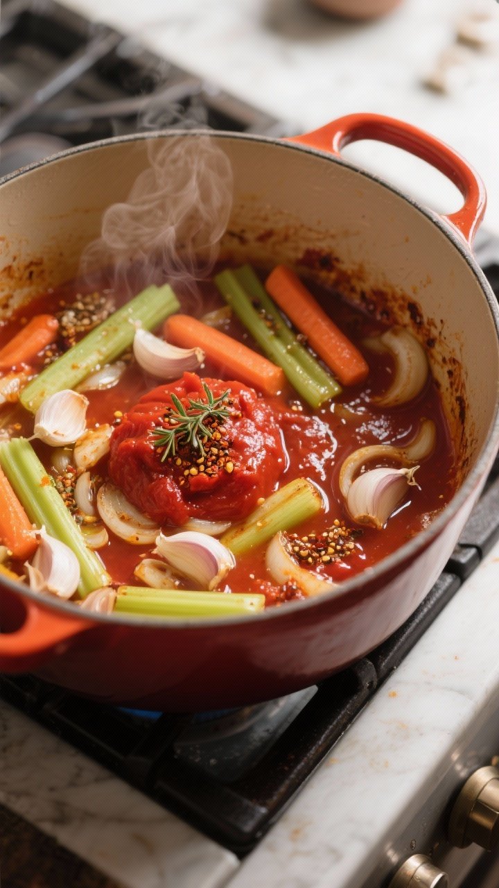 Cooking process close-up: Sautéed onions, carrots, and celery in olive oil in a wide Dutch oven, to