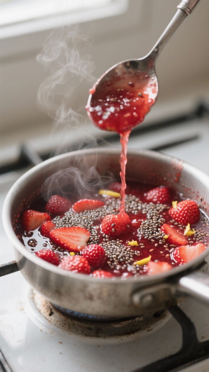 Cooking process close-up: Strawberry chia compote simmering in a small saucepan, the berries glossy 