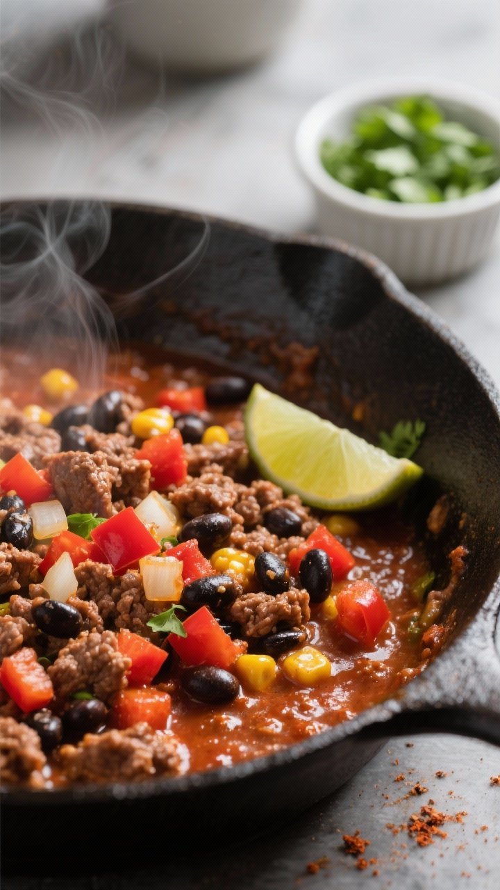 Cooking process close-up: Taco filling sizzling in a cast-iron skillet, showing browned ground beef 