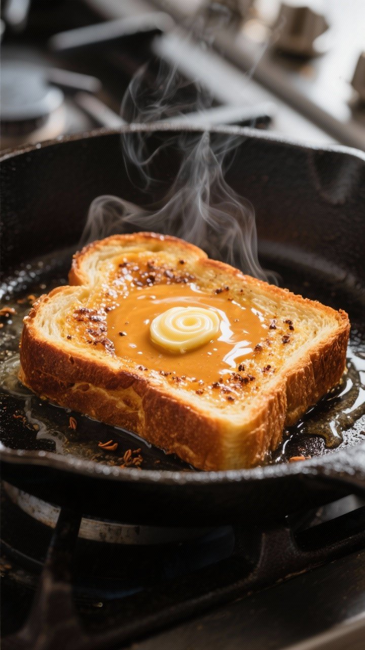 Cooking process close-up: Thick-cut brioche slice on a cast-iron skillet mid-cook, edges turning dee