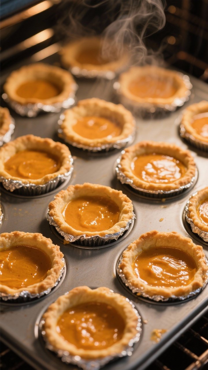 Cooking process close-up: Twelve mini pumpkin pies baking in a muffin tin inside the oven, golden, f