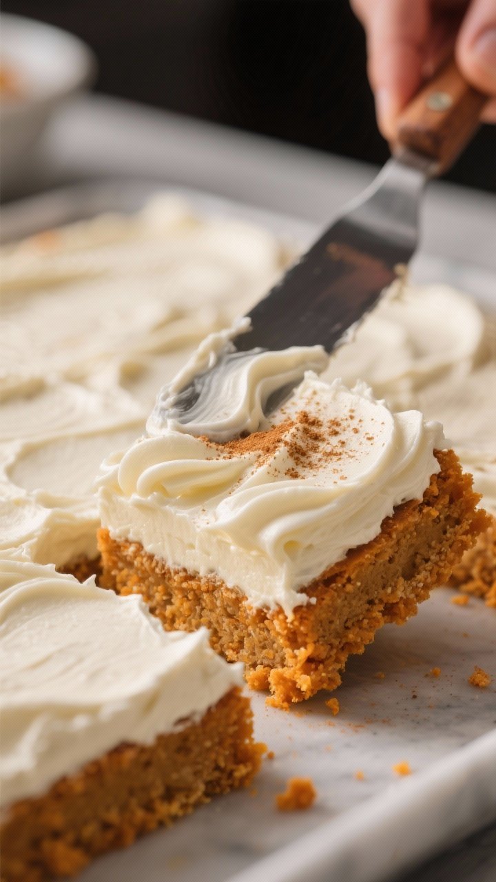 Cooking process: Cream cheese frosting being spread over fully cooled pumpkin bars with an offset sp