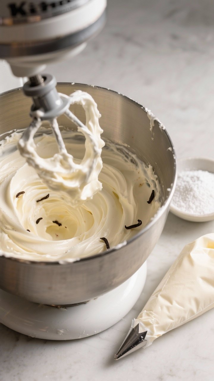 Cooking process: Cream cheese frosting being whipped to silky peaks in a stand mixer bowl—glossy, 