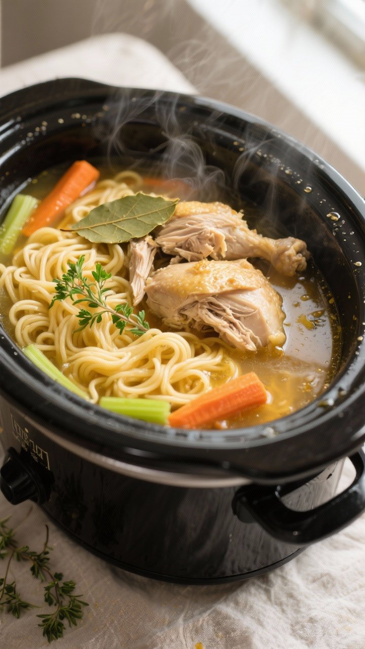 Cooking process — crockpot close-up: Tender shredded chicken thighs being returned to a simmering 