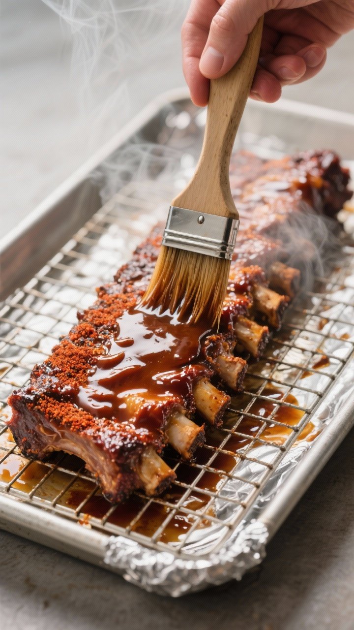 Cooking process: Crockpot-finished ribs being brushed generously with the reduced glaze before broil
