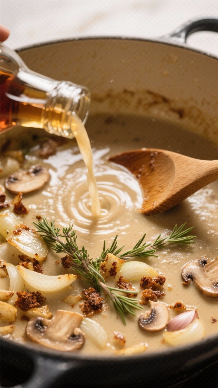 Cooking process: Deglazing moment for creamy mushroom soup base—sherry splashed into the pot over 