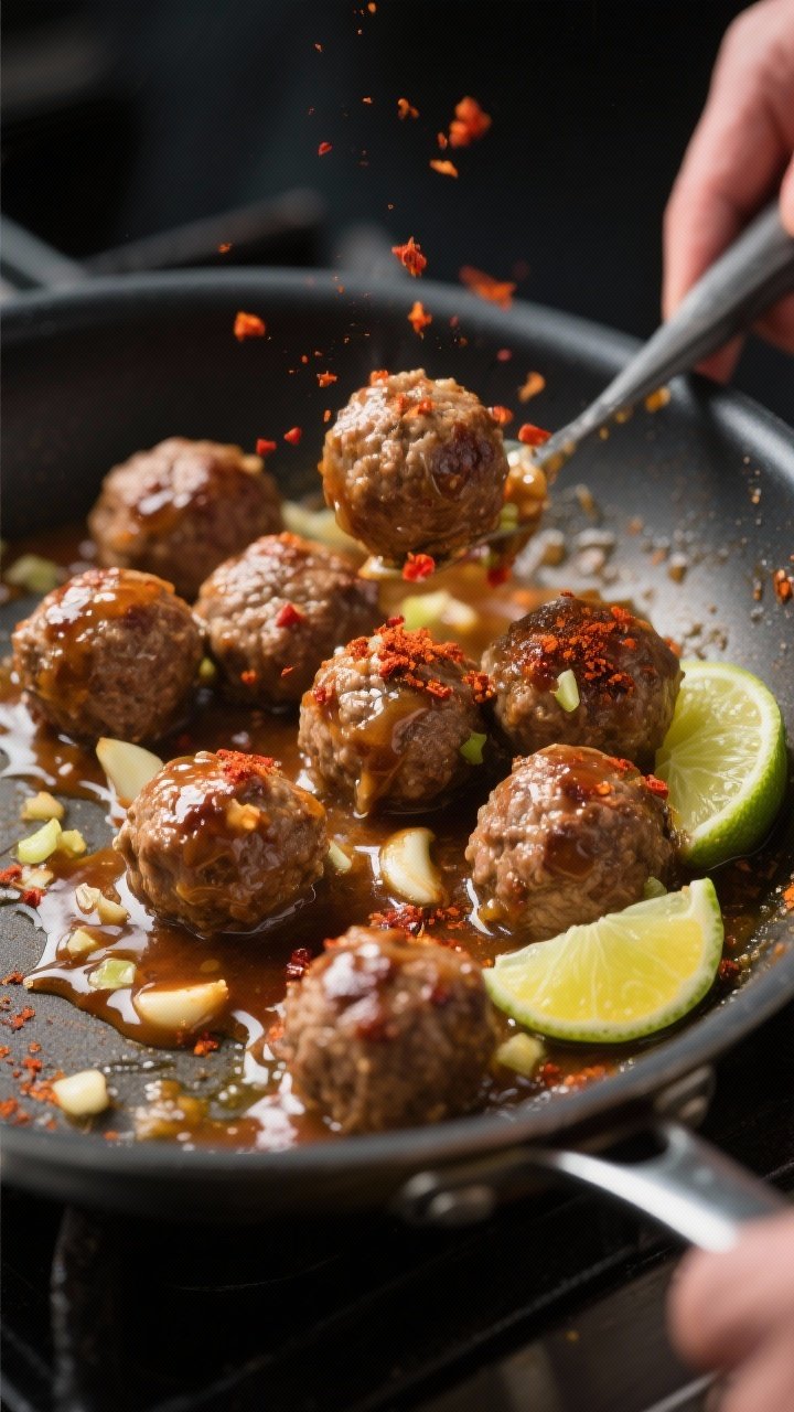 Cooking process: Meatballs being tossed in the reduced garlic-lime glaze in a stainless skillet, cap