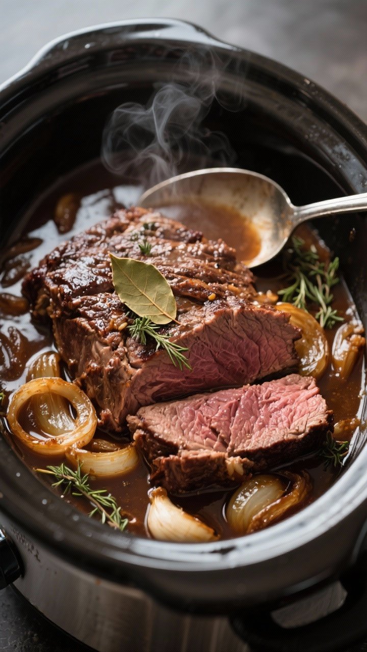 Cooking process, mid-braise: Close-up of sliced, fully cooked chuck roast resting atop caramelized o