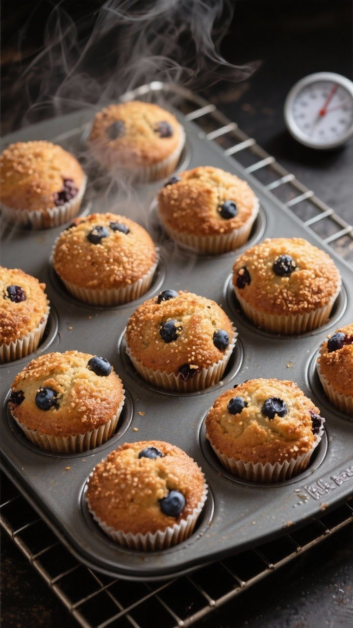 Cooking process: Muffin tin just out of the oven on a cooling rack, 12 muffins with tall, rounded do