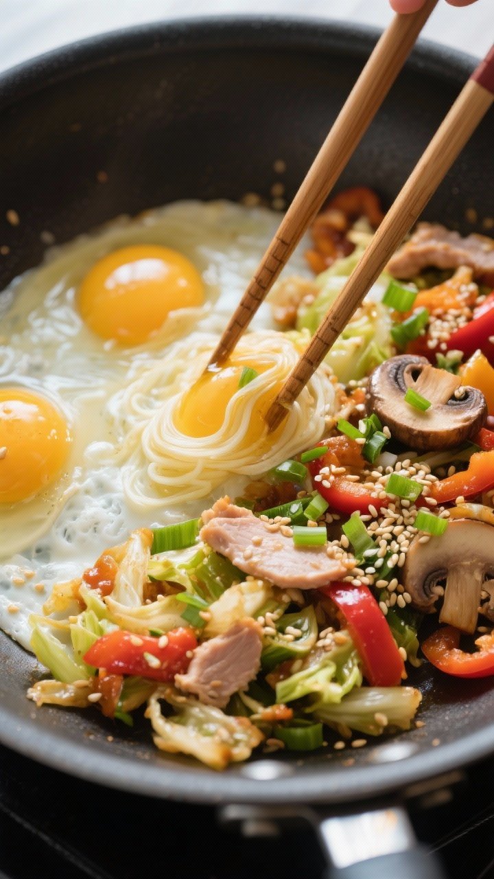 Cooking process: Overhead shot capturing the “egg ribbon magic” moment—skillet contents pushed