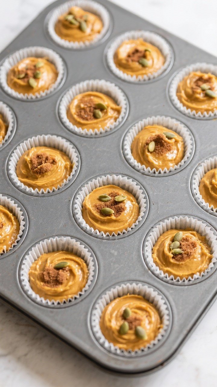 Cooking process: Overhead shot of a 12-cup muffin tin just before baking, wells filled three-quarter