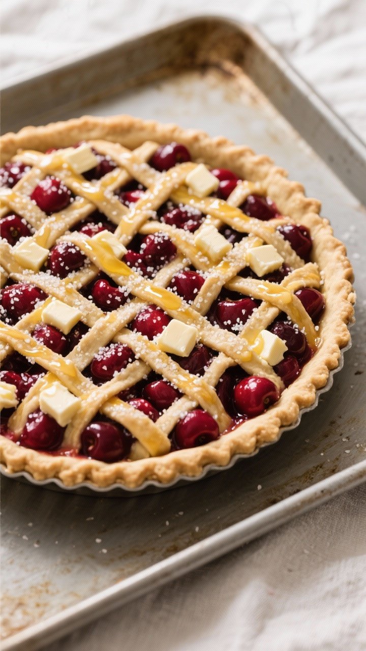 Cooking process: Overhead shot of a 9-inch pie just before the oven—bottom crust crimped with tidy