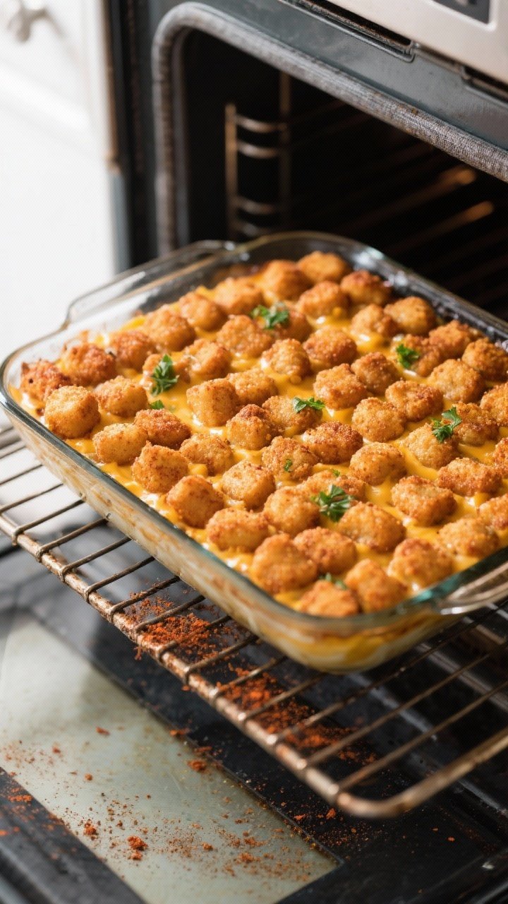 Cooking process: Overhead shot of a 9x13 casserole midway through baking, showing impeccably aligned