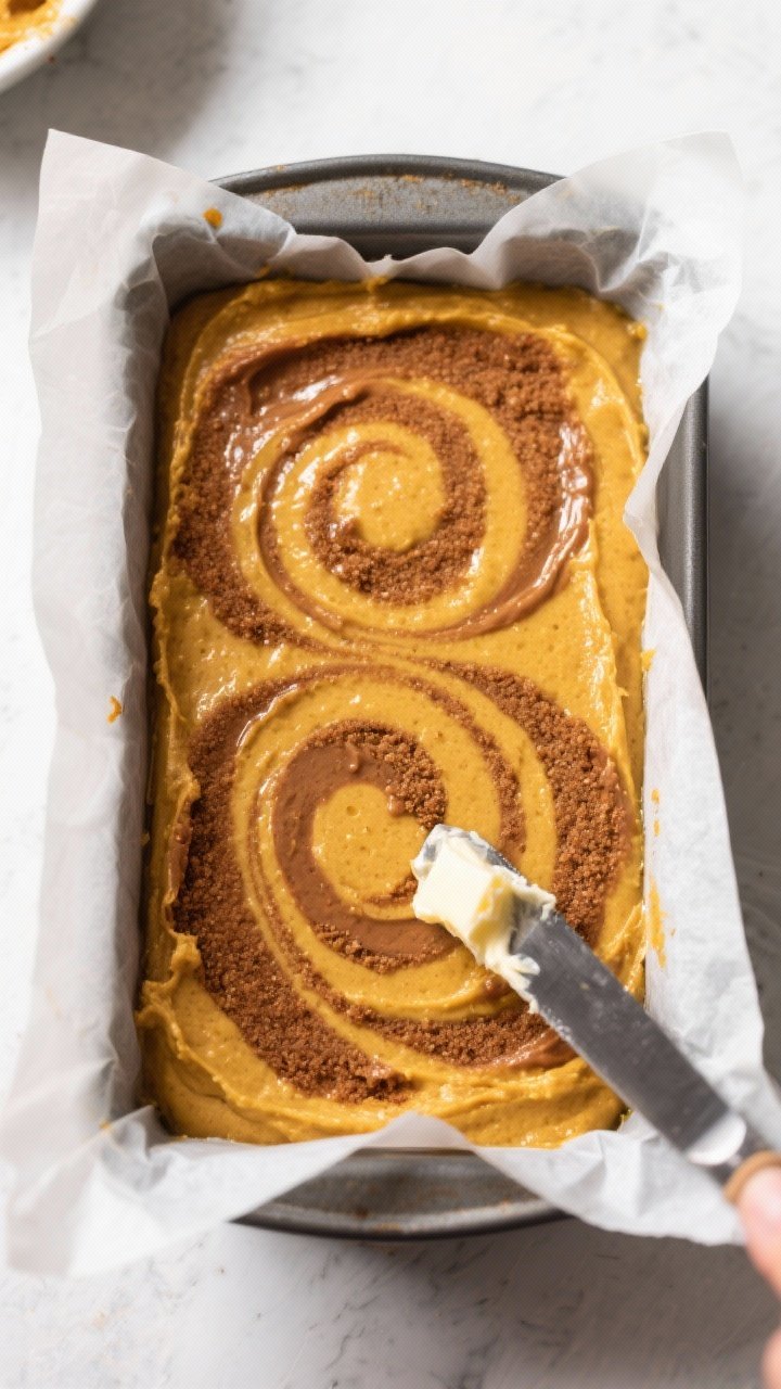Cooking process: Overhead shot of a 9x5-inch loaf pan lined with a parchment sling showing the batte