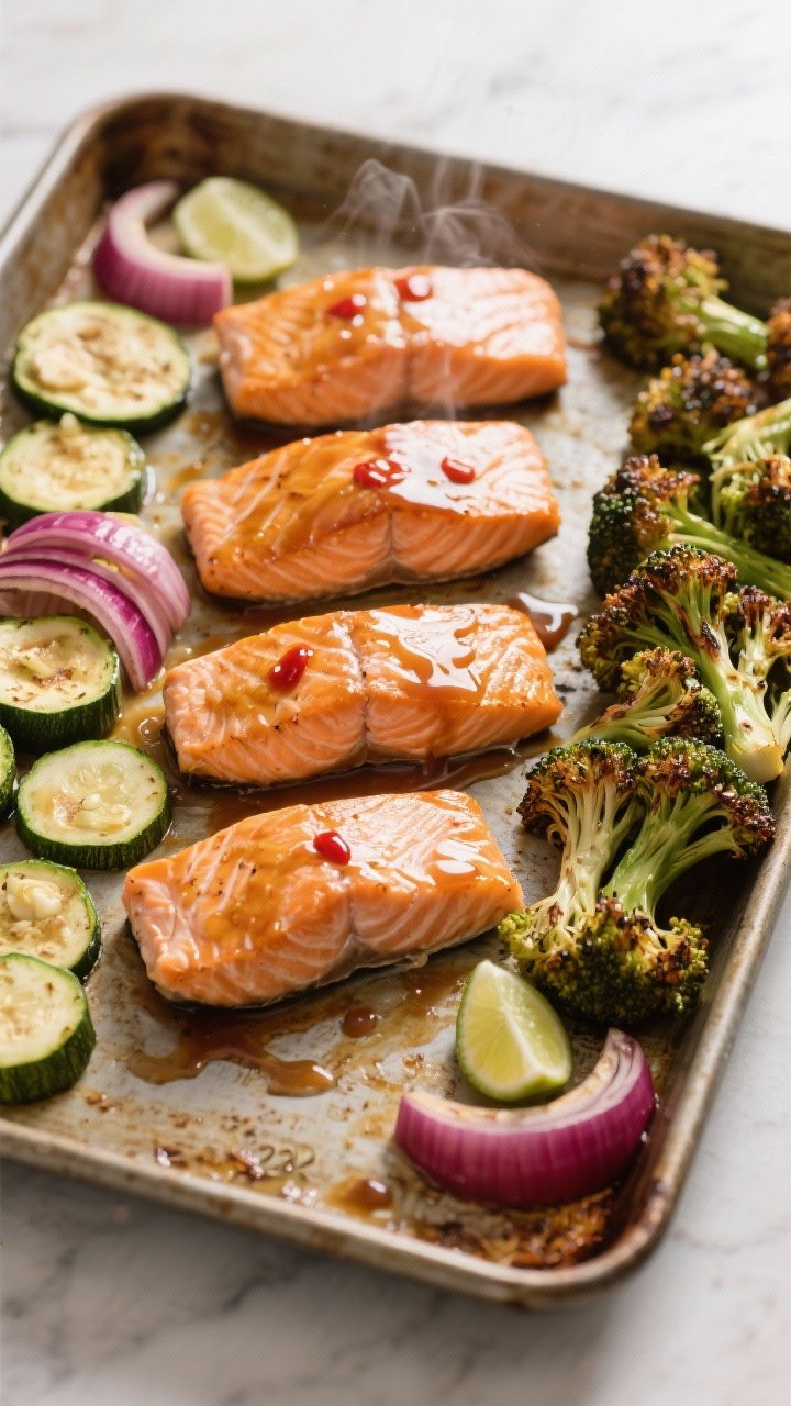 Cooking process: Overhead shot of a sheet pan mid-roast after veggies got a head start—veggies pus