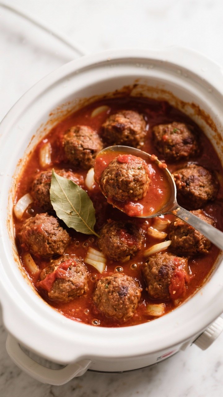 Cooking process: Overhead shot of a slow cooker filled with browned meatballs nestled in a thick mar