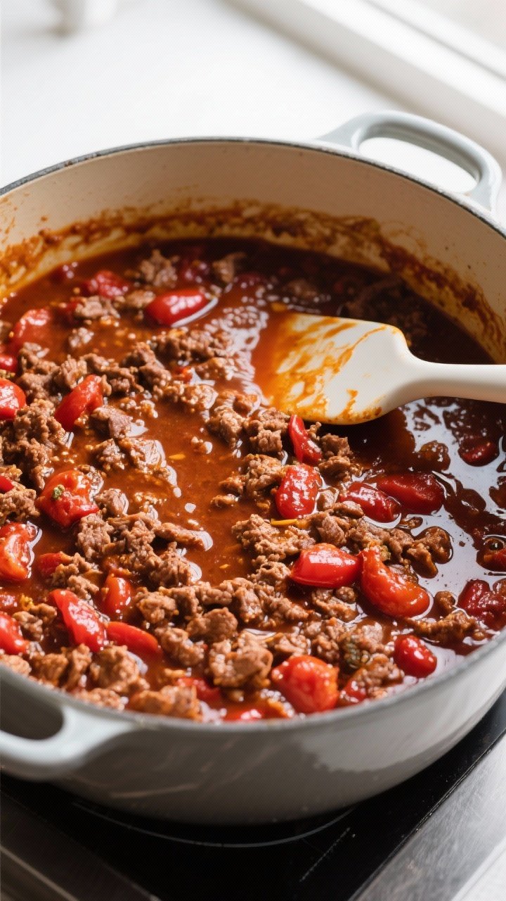 Cooking process: Overhead shot of chili mid-simmer in a wide Dutch oven right after deglazing with d