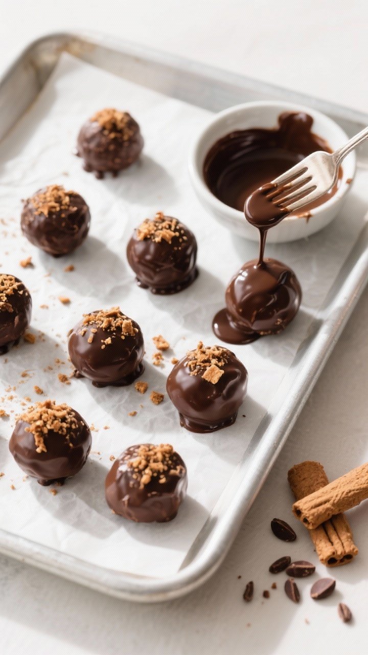 Cooking process: Overhead shot of chilled, pre-dipped Pumpkin Spice Truffle balls on a parchment-lin