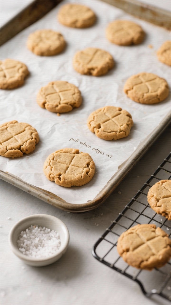 Cooking process: Overhead shot of freshly baked peanut butter cookies cooling on a parchment-lined h
