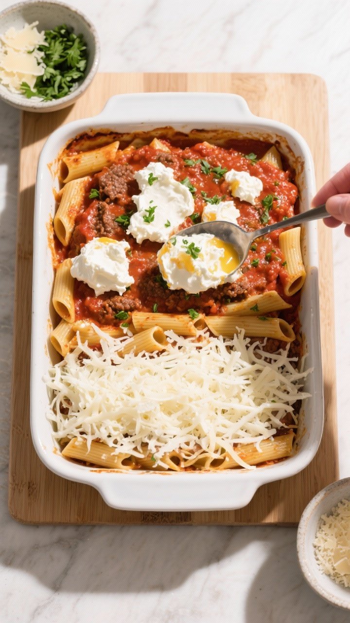 Cooking process: Overhead shot of layering the casserole in a 9x13 dish—half the sauced ziti sprea