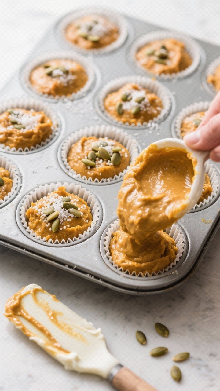 Cooking process: Overhead shot of muffin batter being portioned into a lined 12-cup tin, cups filled