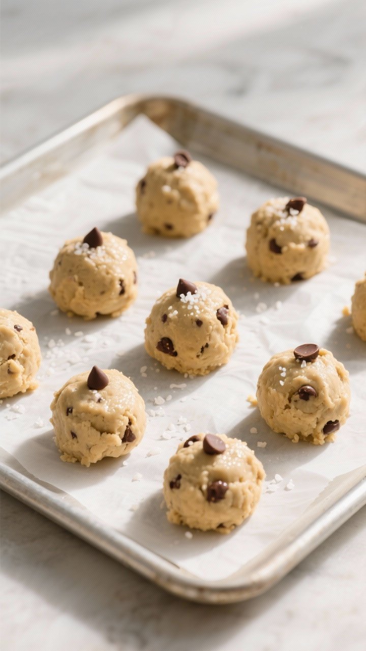 Cooking process: Overhead shot of portioned cookie dough balls after the 20–30 minute rest, arrang