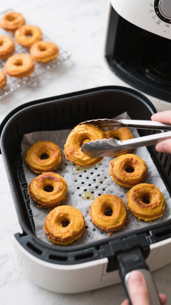 Cooking process: Overhead shot of pumpkin donuts and donut holes arranged in a single layer inside a