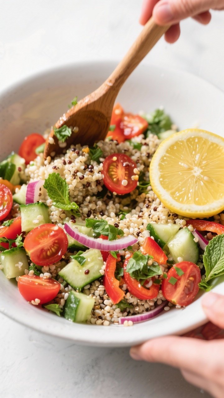 Cooking process: Overhead shot of quinoa salad base being tossed in a large bowl—fluffy cooled qui