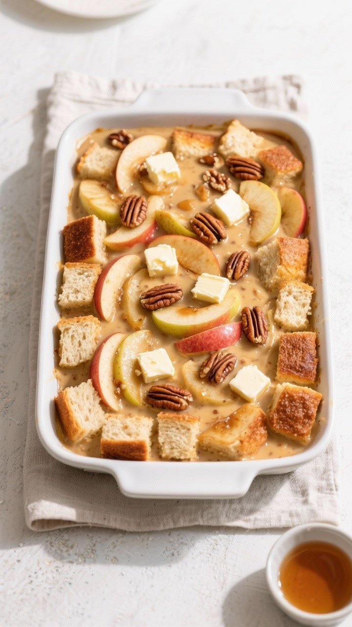 Cooking process — Overhead shot of the assembled casserole pre-bake after overnight rest: brioche/